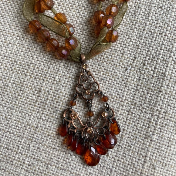 Vtg Necklace and Earrings Set, Amber Color with Sage Green Ribbon, Fall Colours - Picture 1 of 6